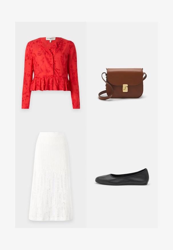 Punainen peplum-paita pitkillä hihoilla, kukkakirjonta, nappikiinnitys ja sileä pinta. Ominaisuuksina on hieman rento istuvuus.; Neule valkoinen midimittainen hame, jossa on teksturoitu kuvio, jossa on pystysuoria viivoja ja aukkoja helmassa. Joustava vyötärö. Pehmeä materiaali.; Musta nahkainen ballerina, jossa on pyöristetty kärki, sileä pinta, minimaalinen ommelkoristelu ja joustava pohjamuotoilu.; Ruskea nahkainen käsilaukku, jossa on läppäkiinnitys, kultasävyiset yksityiskohdat, olkahihna ja sileä pinta. Kompaktin suorakaiteen muotoinen.