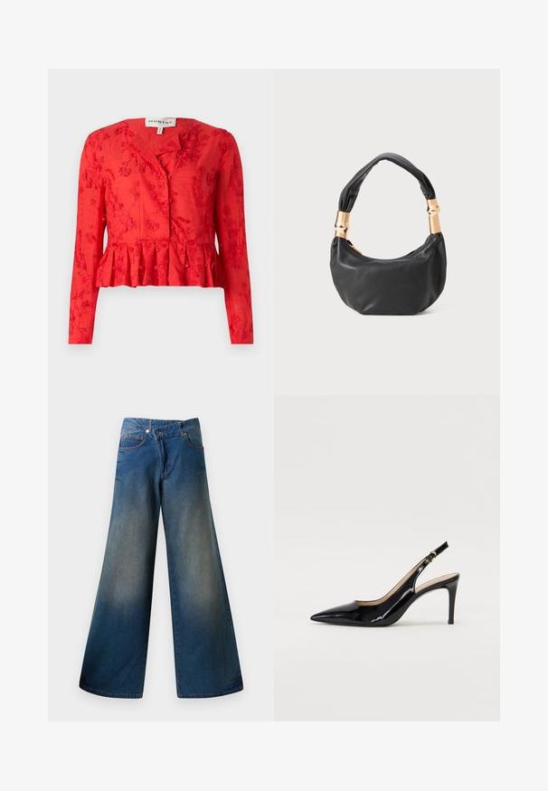 Czerwona bluzka peplum z długimi rękawami, haftem kwiatowym, zapięciem na guziki oraz gładką teksturą. Ma lekko luźny krój.; Niebieskie dżinsy o szerokich nogawkach, wykonane z denimu, z delikatnie wyblakłym wykończeniem, widocznym szwem, dwiema przednimi kieszeniami oraz zapięciem na guziki.; Czarne lakierowane szpilki typu slingback z szpiczastym noskiem, smukłym obcasem i subtelnym wycięciem. Posiadają złotą klamrę na pasku.; Czarna skórzana torebka o okrągłym kształcie, miękkiej fakturze i wiązanym uchwycie z akcentami w złotym odcieniu. Zamek błyskawiczny.