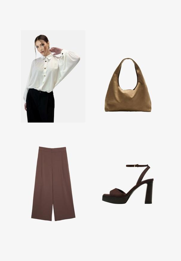 White button-up blouse with a collar, fluid long sleeves, and gold buttons, paired with high-waisted black trousers. Smooth fabric texture.; Brown wide-leg trousers with a smooth texture, featuring a high waist and front pleats. The fabric is lightweight and flows loosely.; Brown suede high-heeled sandal with an open toe, adjustable ankle strap, and a striped platform sole.; Brown fabric shoulder bag with a wide, rounded body and a large cutout handle. Soft texture, minimalistic design, and no visible hardware.