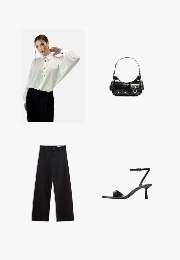 Witte blouse met knopen en een kraag, vloeiende lange mouwen en gouden knopen, gecombineerd met zwarte high-waisted broek. Glad textuur van de stof.; Zwarte denim broek met wijde pijpen en een hoge taille, voorzien van voor- en achterzakken, gestikte naden en een knoopsluiting. Gladde textuur.; Bershka Sandalen met hoge hak - black; Zwarte laarzen in lakleer met een gebogen vorm, één schouderband, voorvakken en accenten in zilverkleurig metaal.