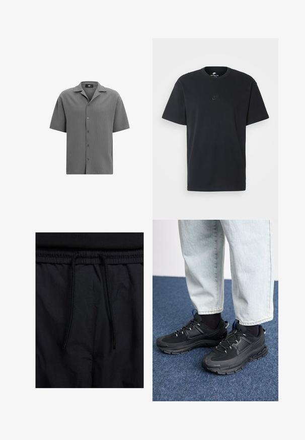Lühikeste varrukatega nööbiga särk tekstureeritud hallist kangast. Omab kõrvutatud kraed ja horisontaalset soonilist mustrit viie nööbiga ees.; Nike musta mustast puuvillast T-särk klassikalise ümmarguse kaelusega, lühikeste varrukatega ja õrna, reljeefse logoga rinnal. Sile tekstuur.; Mustad lühikesed püksid, millel on paelaga vöökoht, kerge kangas, mis on sileda tekstuuriga ning lihtne disain ilma nähtavate logode või mustriteta.; Mustad mustad jooksukingad, millel on tekstureeritud kangas ja kummist tallad, elastsed nöörid ning sinine aksent kandadel. Kandmine heledate teksadega.