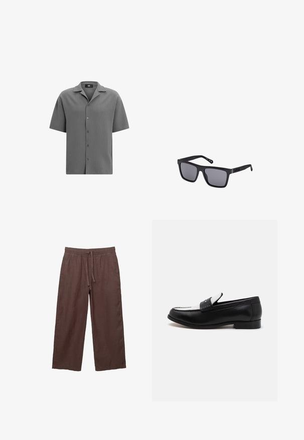 Koszula z krótkim rękawem, zapinana na guziki, wykonana z teksturowanej szarej tkaniny. Posiada kołnierz z wcięciem oraz poziomy wzór prążkowy z pięcioma guzikami z przodu.; Brązowe lniane spodnie z szerokimi nogawkami i elastycznym pasem na sznurku, z dwoma bocznymi kieszeniami i lekkim, teksturowanym materiałem.; Czarne skórzane mokasyny z kontrastującą białą skórzaną wstawką i przeszyciami. Charakteryzują się gładkim wykończeniem i niskim obcasem.; Czarna prostokątna para okularów przeciwsłonecznych z ciemnymi soczewkami, matowym wykończeniem i detalem logo na zauszniku. Projekt charakteryzuje się prostymi krawędziami i grubymi oprawkami.