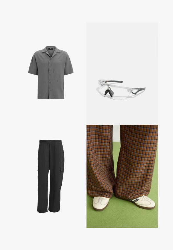 Kurzarmhemd mit Knopfleiste aus strukturiertem grauen Stoff. Verfügt über einen angeschnittenen Kragen und ein horizontales Rippmuster mit fünf Knöpfen auf der Vorderseite.; Schwarze Cargo-Hosen mit elastischem Bund, ausgestattet mit Seitentaschen, lockerer Passform und strukturiertem Stoff. Entwickelt für Komfort und Funktionalität.; Braun und blaue Karohosen mit weitem Bein, kombiniert mit weißen Schuhen mit schwarzen Akzenten und strukturierten Sohlen, vor einem grünen Hintergrund.; Klare Schutzbrille mit einem leichten, transparenten Rahmen und grauen Akzenten. Verfügt über ein umschließendes Design und ein verstellbares Nasenstück.
