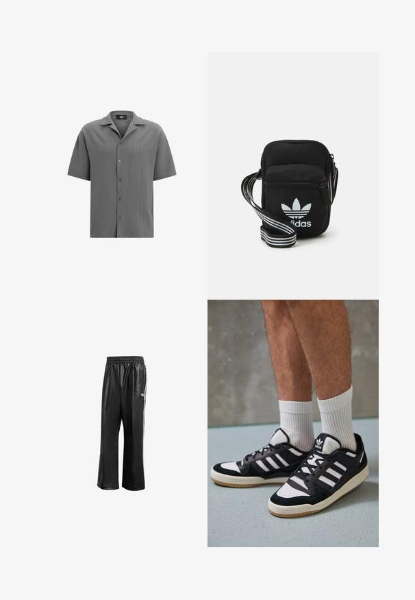 Kurzarmhemd mit Knopfleiste aus strukturiertem grauen Stoff. Verfügt über einen angeschnittenen Kragen und ein horizontales Rippmuster mit fünf Knöpfen auf der Vorderseite.; Schwarze synthetische Sporthosen mit elastischem Taillenbund, ausgestattet mit weißen Seitenstreifen und einem kleinen weißen Logo auf der linken Hüfte.; Schwarz-weiße Sneaker mit einem Obermaterial aus Wildleder und Leder, ausgestattet mit drei weißen Streifen, einer perforierten Zehenpartie und einer Sohle aus Gummi.; Schwarze Umhängetasche aus Stoff mit Reißverschluss, ausgestattet mit einem weißen Adidas-Logo und einem gestreiften, verstellbaren Tragegurt für einfachen Transport.