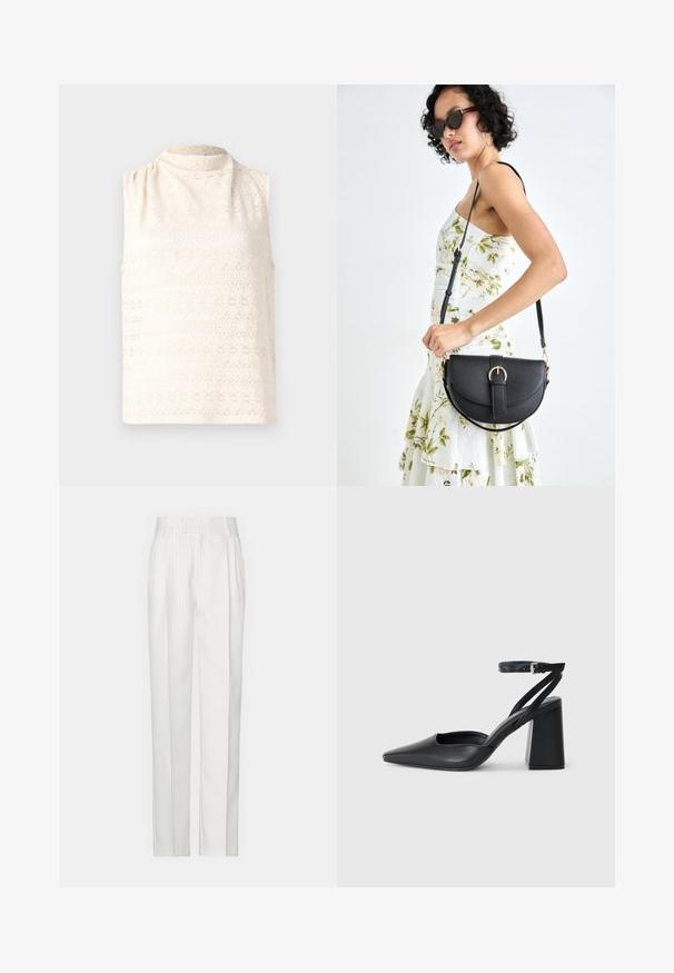 Top brez rokavov v kremni barvi, izdelan iz vzorčaste čipke, z visokim ovratnikom in mehko teksturo. Ima cvetlični vzorec v horizontalnih črtah.; Bela hlače s črtastim vzorcem in ravnim krojem, izdelane iz lahkega materiala. Imajo naborke spredaj in tradicionalen pas.; Črne usnjene klasične čevlje z ostrim nosom, z zaponko za gleženj in debelim peto. Ravna tekstura, eleganten dizajn in minimalistična estetika.; Črna usnjena torbica s ukrivljeno obliko, z odstranljivo naramnico in zlatimi dodatki. Torbica ima pokrov s podrobnostmi v obliki zaponke.
