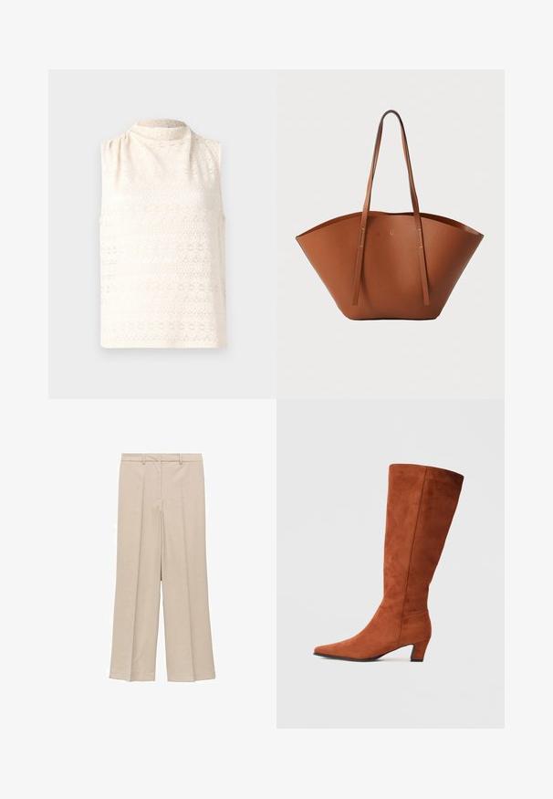 Top crem din dantelă cu model, fără mâneci, cu guler înalt și textură moale. Prezintă un design floral în linii orizontale.; Pantaloni largi bej deschis, cu o textură fină, având un front plisat și buzunare laterale, precum și un design cu talie adaptată.; Botă maro din suede, până la genunchi, cu vârful ascuțit și un toc mic, având o textură netedă și un design minimal.; Geantă tote din piele maro, cu o formă largă și bine structurată, mânere subțiri și un finisaj texturat. Prezintă un design minimalist, fără hardware vizibil.