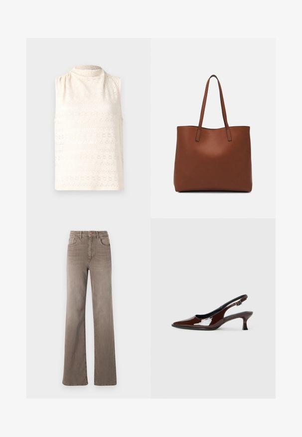 Top senza maniche color crema realizzato in pizzo pattern con un collo alto e una consistenza morbida. Presenta un design floreale in linee orizzontali.; Jeans dritti a vita alta marroni con bottone frontale, passanti per cintura e design classico a cinque tasche su sfondo bianco.; Scarpa slingback in pelle verniciata marrone con punta affusolata e tacco moderato. Presenta una fascia con fibbia per una calzata sicura. Tessuto liscio.; Borsa tote in pelle marrone con texture liscia, design con apertura superiore e due spallacci. Presenta cuciture minime e nessun hardware visibile.