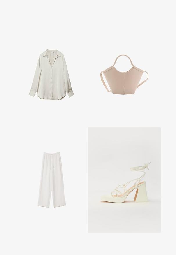 Jasno beżowa satynowa koszula z długim rękawem, z kołnierzykiem, z zapięciem na guziki z przodu oraz luźnym krojem. Gładka faktura, lekko zaokrąglony dół.; Białe spodnie o szerokich nogawkach wykonane z lekkiego materiału. Posiadają elastyczny pas z sznurkiem i boczne kieszenie. Gładka tekstura.; Biała sandał na wysokim obcasie z masywnym słupkiem, z paskowym wzorem i wiązaniem przy kostce. Gładka faktura z platformą z przodu dla dodatkowej wysokości.; Beżowa skórzana torebka o unikalnym kształcie, z dwoma krótkimi uchwytami i długim, regulowanym paskiem. Gładka tekstura z minimalną ilością elementów metalowych.