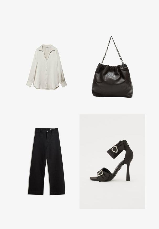 Svijetlosmeđa satenasta košulja dugih rukava s ovratnikom, kopčanjem sprijeda i opuštenim krojem. Glatka tekstura, blago zakrivljen rub.; Crne široke traperice s visokim strukom, s prednjim i stražnjim džepovima, šivenim šavovima i kopčanjem na gumb. Glatka tekstura.; Crne sandale na visokom petu s mašnom od trakice i akcentima od cirkona u obliku srca; imaju zatvaranje na patentni zatvarač straga i elegantan, gladak dizajn.; Smeđa kožna torba s naboranim vrhom i lančićem za nošenje. Glatka tekstura s sjajnim završetkom i suptilnim šavnim detaljima sa strane.
