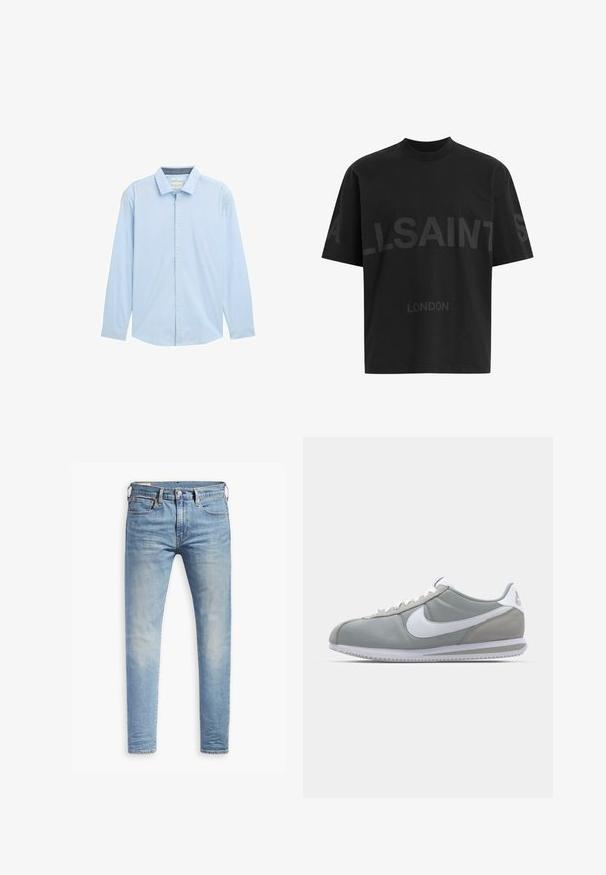 Svetlo modra moška srajca z dolgimi rokavi, z gumbom naprej in klasičnim ovratnikom, prikazana na beli podlagi.; Črna bombažna majica z ohlapnim krojem, z velikim tonalnim napisom "ALLSAINTS" in besedo "LONDON" na sprednji strani. Kratki rokavi, okrogel izrez.; Svetlo modri oprijeti džins s blagim bledenjem na stegnenicah, sprednji gumbasti zapenjač, zanke za pas in pet žepov na belem ozadju.; Sive tenisice za šport z zgornjim delom iz semiša in tekstila, belim Nike swooshom in belimi vezalkami. Imajo strukturirano gumijasto podplat in oblazinjen ovratnik.