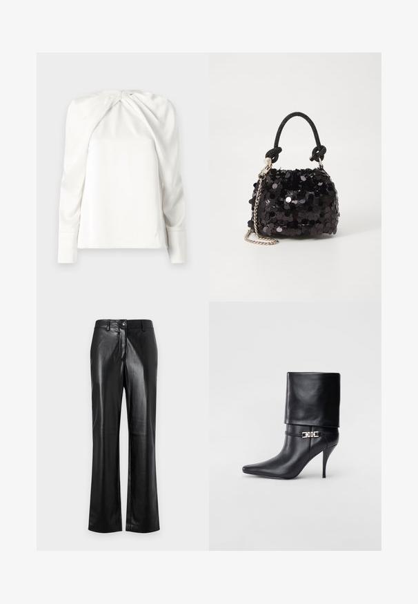 Balta blūze ar garām piedurknēm, kurai ir drapēta priekšējā daļa un gluda, spīdīga tekstūra. Iekļauta mugurpuses rāvējslēdzēja aizdare pie kakla.; Melnas ādas bikses ar taisnu kāju dizainu, ar priekšējo pogu aizdari, jostas cilpiņām un gludu, spīdīgu tekstūru.; Melnas ādas potīšu zābaki ar smailu purngalu, augstu stiletto papēdi, salocītu aproci un zeltītu dekoratīvu sprādzi uz potītes.; Melna spīguļota mini rokas soma ar mezglotu teksturētu siksniņu un sudraba ķēdi. Apaļa forma ar sakopotām malām un atstarojumu detaļām.