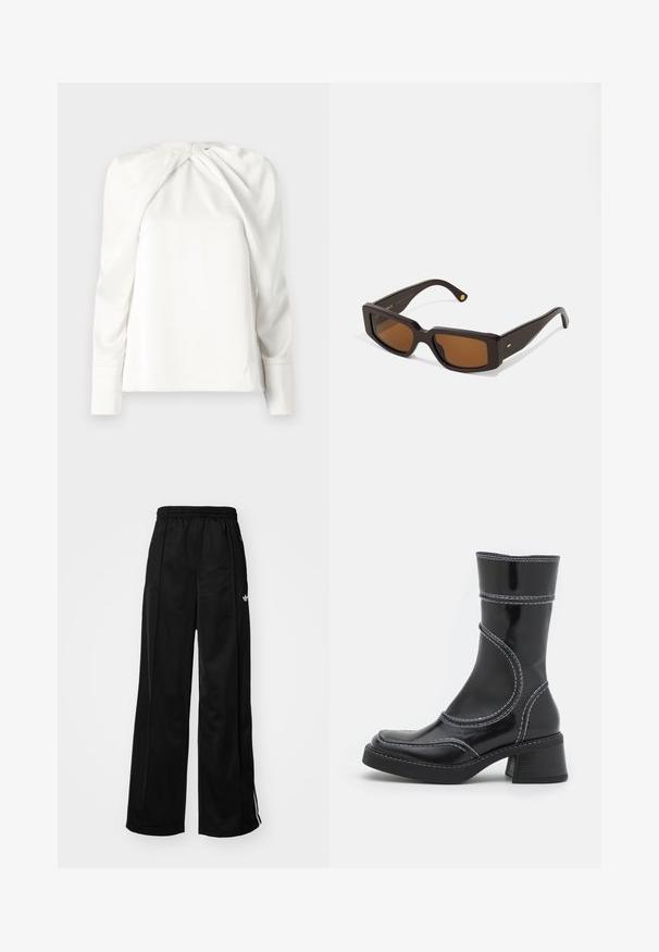Hvid bluse med lange ærmer, der har et draperet frontdesign og en glat, skinnende tekstur. Inkluderer en lynlåslukning i ryggen ved nakken.; Sorte brede træningsbukser med elastisk talje, prydet med hvide side-striber og et lille logo på venstre hofte. Glat stofstruktur.; Sort patenteret læder ankelstøvle med hvid stikning, rund tå og blokhæl. Har buede designlinjer og en glat tekstur.; Rektangulære brune solbriller med en mørkebrun plastikramme. Har brunt tonede linser og guldaccent på stangen.