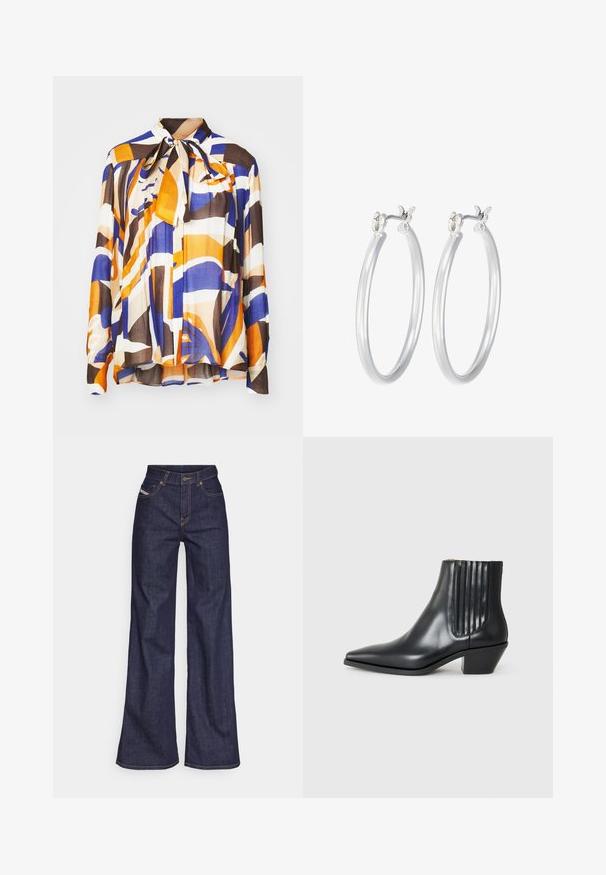 Višebojna bluzica s hrabrim apstraktnim uzorcima u narančastoj, plavoj i smeđoj boji; s vezanjem oko vrata i nabranom teksturom. Izrađena je od lagane tkanine.; Tamno plave široke traperice s visokim strukom, izrađene od denim tkanine, s narančastim šavovima, pet džepovima i kopčanjem na dugme.; Crna kožna gležnjača s šiljastim prstom, elastičnim bočnim panelima s okomitim debljinama i niskim blok-petama. Glatka tekstura i elegantan dizajn.; Srebrne kružne naušnice s glatkom, poliranom površinom. Okrugli oblik i sigurno kopčanje na klik. Lagani dizajn pogodan za svakodnevno nošenje.