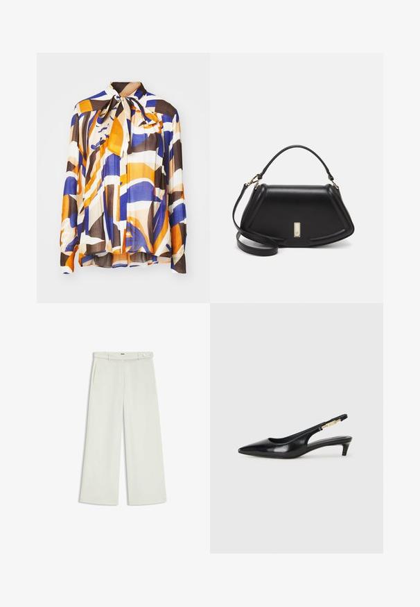 Mehrfarbige Bluse mit kräftigen abstrakten Mustern in Orange, Blau und Braun; besitzt einen Bindekragen und eine plissierte Textur. Hergestellt aus leichtem Stoff.; Weite Hose aus zartem Creme-Stoff, mit seitlichen Taschen, flatem Bund und einer Knopfverschluss an der Taille. Glatte Textur.; Schwarze Leder-Slingback-Pumps mit spitzem Schuhblatt, ausgestattet mit einem schlanken Absatz und einem goldfarbigen Akzent am verstellbaren Riemen. Glatte Textur.; Schwarze Lederhandtasche mit einem strukturierten Design, das eine verkürzte Form, einen oberen Griff und goldfarbene Hardware-Details aufweist. Verstellbarer Schulterriemen ist enthalten.