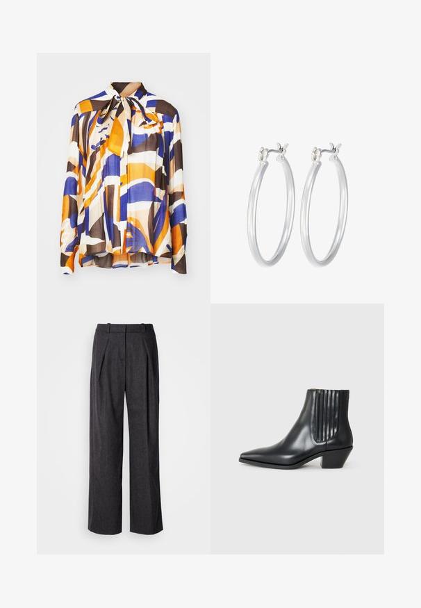 Wielokolorowa bluzka z odważnymi, abstrakcyjnymi wzorami w odcieniach pomarańczowego, niebieskiego i brązowego; ma wiązany kołnierz oraz plisowaną fakturę. Wykonana z lekkiego materiału.; Ciemnoszare spodnie z szerokimi nogawkami, wykonane z teksturowanej tkaniny, z przodu z plisami i klasycznym krojem pasa. Brak widocznych kieszeni.; Czarne skórzane botki za kostkę z wysmuklonym noskiem, elastycznymi bocznymi panelami z pionowymi rowkami oraz niskim blokowym obcasem. Gładka tekstura i elegancki design.; Srebrne kolczyki w formie kółek o gładkim, polerowanym wykończeniu. O okrągłym kształcie i pewnym zapięciu na klik. Lekka konstrukcja odpowiednia do codziennego noszenia.