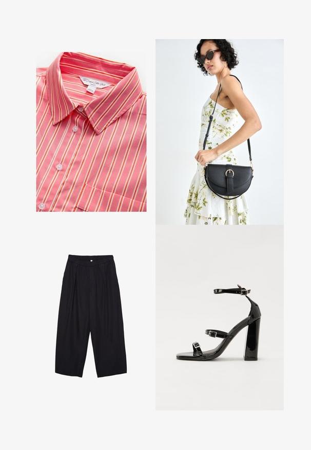 Gestreiftes, pink-weißes, kurzes Baumwollhemd mit Kragen, Knopfverschluss und einer einzelnen Brusttasche. Weicher Stoff und leichtes Material.; Schwarze Polyester-Culotte mit einem elastischen Bund, zwei vorderen Falten und einer lockeren Silhouette. Keine sichtbaren Muster oder Hardware-Details.; Schwarze patentierte Sandalen mit Absatz, quadratischer Spitze, Knöchelriemen und silbernen Schnallen. Mit einem stabilen Blockabsatz für mehr Stabilität.; Schwarze Lederhandtasche mit geschwungener Form, abnehmbarem Tragegurt und goldenen Beschlägen. Die Tasche verfügt über einen Deckel mit einer Schnallen-Details.