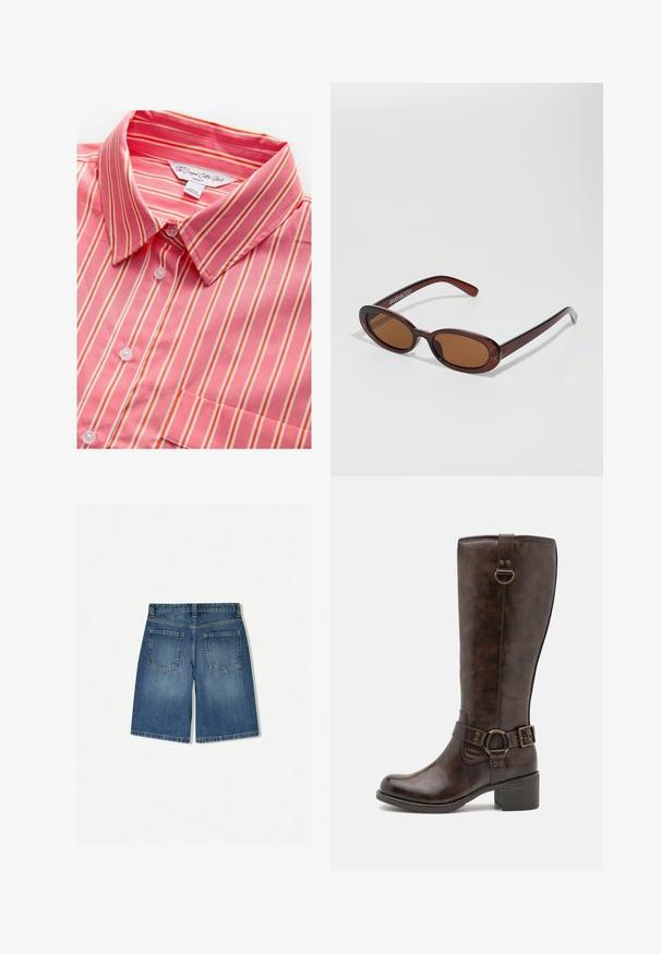 Vaaleanpunaiset ja valkoiset raidalliset lyhytvartiset puuvillapaita, jossa on kaulus, nappikiinnitys ja yksi rintatasku. Pehmeä rakenne ja kevyt kangas.; Farkkushortsit keskisinisessä värissä, rento malli, jossa on kaksi takataskua ja siisti, suora helma. Klassinen viiden taskun muotoilu.; Ruskot ruskeat nahkaiset polvipituiset saappaat, joissa on pyöristetty kärki, koristeellinen vyö, pyöreä metalliosuus ja matala lohkouoti. Pintarakenteeltaan sileät.; Pyöreät, ruskehtavat aurinkolasit, joissa on kiiltävä burgundinpunainen runko. Kapeat sivut, joissa on hienovarainen brändäys. Litteät linssit.; Tumma sininen denimi laukku, jossa on pehmeä ja löysä muoto, hobo-tyylinen kahva ja teksturoitu pinta. Ei näkyviä metalliosia.