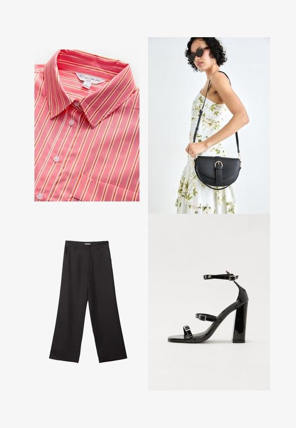 Ružovo-biele pruhované skrátené bavlnené tričko s golierom, s gombíkovým zapínaním a jednou náprsní kapsou. Mäkká textúra a ľahká tkanina.; Čierne široké nohavice vyrobené z hladkej tkaniny, so zipsom vpredu a dvoma bočnými vreckami, s prispôsobeným strihom a minimalistickým dizajnom.; Čierne lakované sandále na podpätku so štvorcovou špičkou, navlečenými remienkami okolo členku a striebornými prackami. Disponujú masívnym blokovým podpätkom pre stabilitu.; Čierna kožená kabelka s zaobleným tvarom, odnímateľným popruhom a zlatými doplnkami. Kabelka má klopu s detailom s prackou.