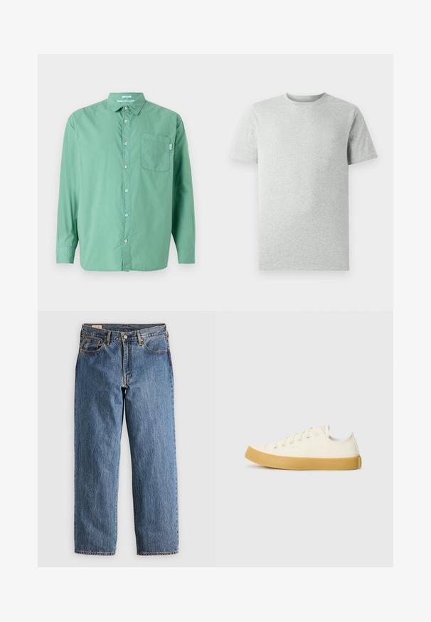 Zaļš krekls ar pogām, garām piedurknēm, izgatavots no kokvilnas materiāla, ar vienu krūšu kabatu, brīvākais fasonā, ar smalku tekstūru un klasisku apkakli.; Gai pelēks īsām piedurknēm T-kreklis ar apaļu kakla izgriezumu, attēlots uz baltas fona, priekšskats bez redzamām logo vai dizainiem.; Zila denima bikses ar taisnu piegriezumu, augstu vidukli, vara kniedēm un oranžiem diegiem. Iekļautas priekšējās un aizmugurējās kabatas.; Kanvasas tenisa apavi ofē un balta krāsā ar apaļu purngali, ar beicu gumijas zole un piecām acīm šņorēšanai, teksturēta virsma augšdaļā.