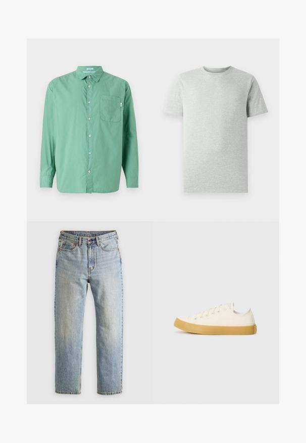 Zielona koszula z długim rękawem, bawełniana, z jedną kieszenią na piersi, luźny krój, subtelna tekstura i klasyczny krój kołnierzyka.; Jasnoszara koszulka typu T-shirt z krótkim rękawem i okrągłym dekoltem, wyeksponowana na białym tle, widok z przodu bez widocznych logo czy wzorów.; Jasnoniebieskie dżinsy z wysokim stanem, z guzikiem z przodu, zamkiem błyskawicznym i pięcioma kieszeniami, ułożone na płasko na neutralnym tle.; Płócienne sneakersy w odcieniu ecru z okrągłym noskiem, charakteryzujące się beżowymi gumowymi podeszwami i pięcioma otworami na sznurówki, z teksturowanym wykończeniem cholewy.