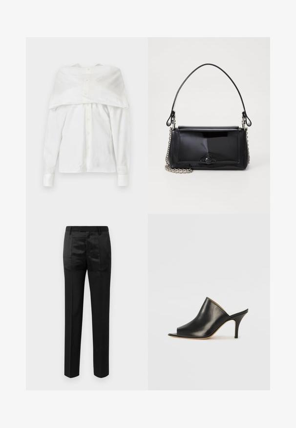 Biela dlhá košeľa s dlhým rukávom, bavlnená tkanina, zapínanie na gombíky, dizajn bez ramienok s drapériou na chrbte, hladká textúra, klasický golier a manžety.; Čierne nohavice s rovnými nohavicami a pásom s pútkami na opasok, s kombináciou matných a lesklých textilných panelov.; Čierne kožené otvorené muly s elegantným, zakriveným dizajnom, vysokým stiletto opätkom a hladkou textúrou. Interiér má kontrastnú svetlú farbu.; Čierna laková kožená kabelka s obdĺžnikovým tvarom, reťazovým popruhom a výrazným hardvérovým prvkom v strede. Hladká textúra.
