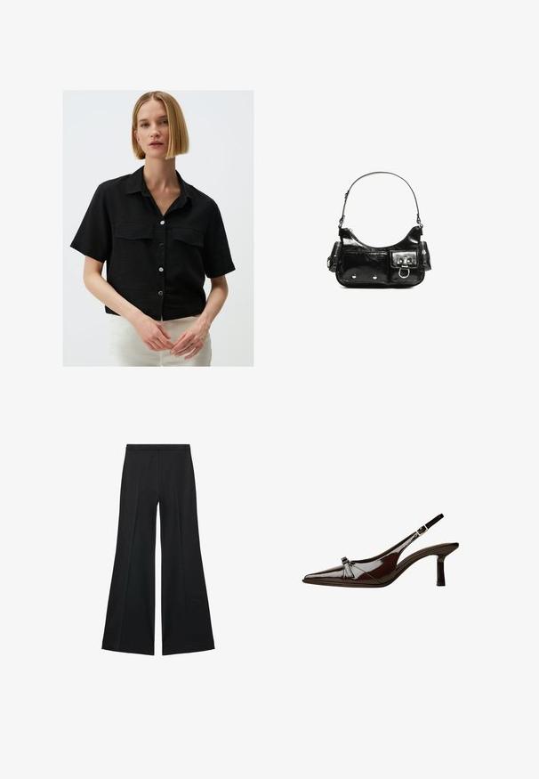 Schwarzes kurzärmliges Hemd aus strukturiertem Stoff, mit zwei vorderen Taschen und einem Kragen, ausgestattet mit silbernen Knöpfen auf der Vorderseite.; Schwarze weit geschnittene Hose mit glatter Textur, ausgestattet mit Frontfalten und einem taillierten Design. Der Stoff ist leicht und fließend.; Braune Lackleder-Slingback-Schuhe mit spitzem Zehenbereich, niedrigem Absatz und einer dekorativen Schleifenakzent an der Vorderseite. Glatte, glänzende Textur.; Schwarze Lackleder-Handtasche mit geschwungenem Design, einem Schulterriemen, Vordertaschen und silberfarbenen Hardware-Akzenten.