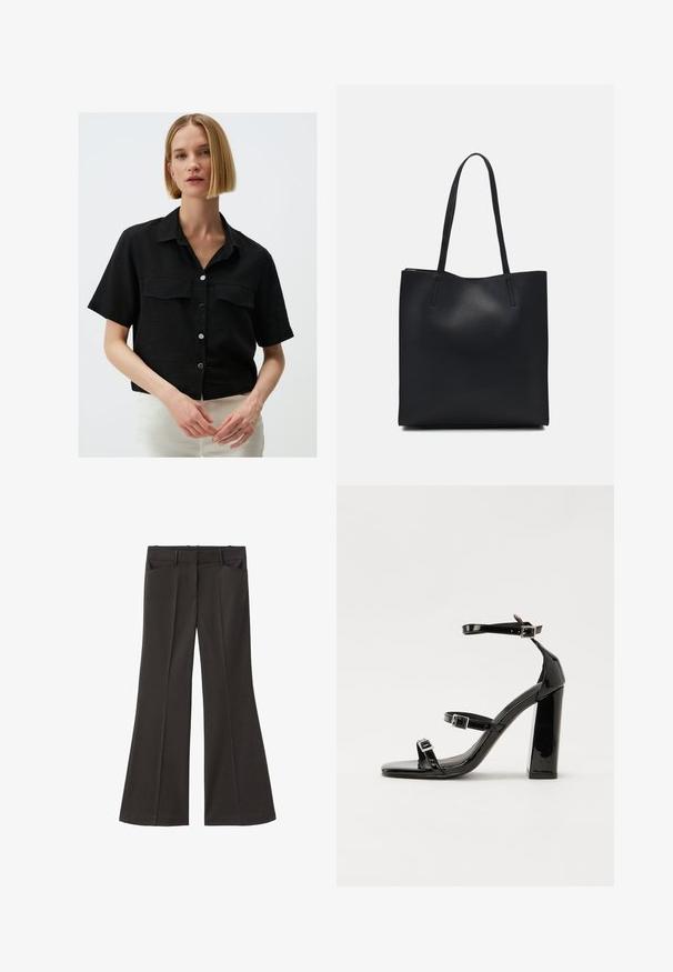 Camicia nera a maniche corte realizzata in tessuto testurizzato, dotata di due tasche frontali e colletto, con bottoni argentati lungo la parte anteriore.; Pantaloni neri a zampa d'elefante con vita alta; presentano due tasche frontali e una texture del tessuto liscia. Adatti per varie occasioni.; Sandali con tacco in vernice nera, con punta squadrata, cinturini alla caviglia e fibbie in argento. Presentano un tacco a blocco spesso per maggiore stabilità.; Borsa tote in pelle nera con texture liscia, forma rettangolare e due manici lunghi. Nessun hardware o decorazione visibile.