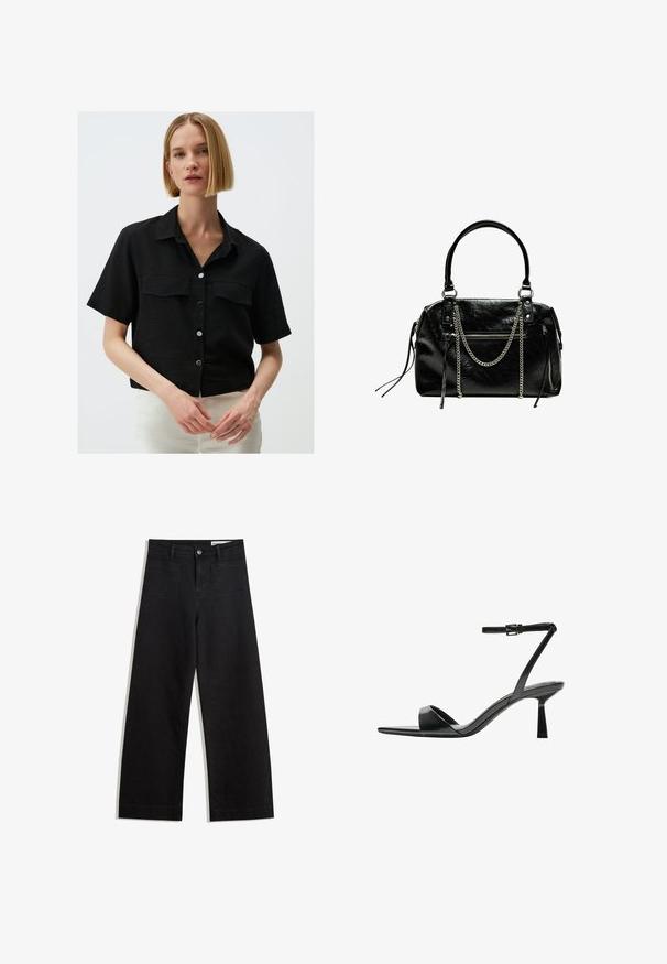 Schwarzes kurzärmliges Hemd aus strukturiertem Stoff, mit zwei vorderen Taschen und einem Kragen, ausgestattet mit silbernen Knöpfen auf der Vorderseite.; Schwarze weit geschnittene Jeans mit hoher Taille, ausgestattet mit Vorder- und Hintertaschen, gesteppten Nähten und einem Knopfverschluss. Glatte Textur.; Bershka High Heel Sandalette - black; Bershka WITH CHAIN - Handtasche - black