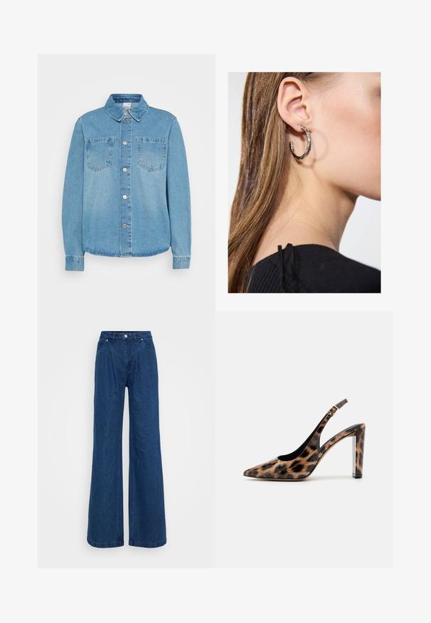 Light blue denim jacket with a button-up front, two chest pockets, collared neckline, and long sleeves with buttoned cuffs.; Black ribbed short-sleeve t-shirt with a round neckline. Soft texture and fitted design, featuring a straight hem and minimal detailing.; Wide-leg blue denim jeans with a high waist, front button and zipper closure, and front and back pockets against a plain background.; Leopard print slingback pump with a pointed toe and transparent block heel. Made of glossy material with a smooth texture.; Silver hoop earring with a polished finish, featuring small gold accent details and a round shape, worn on the lobe.