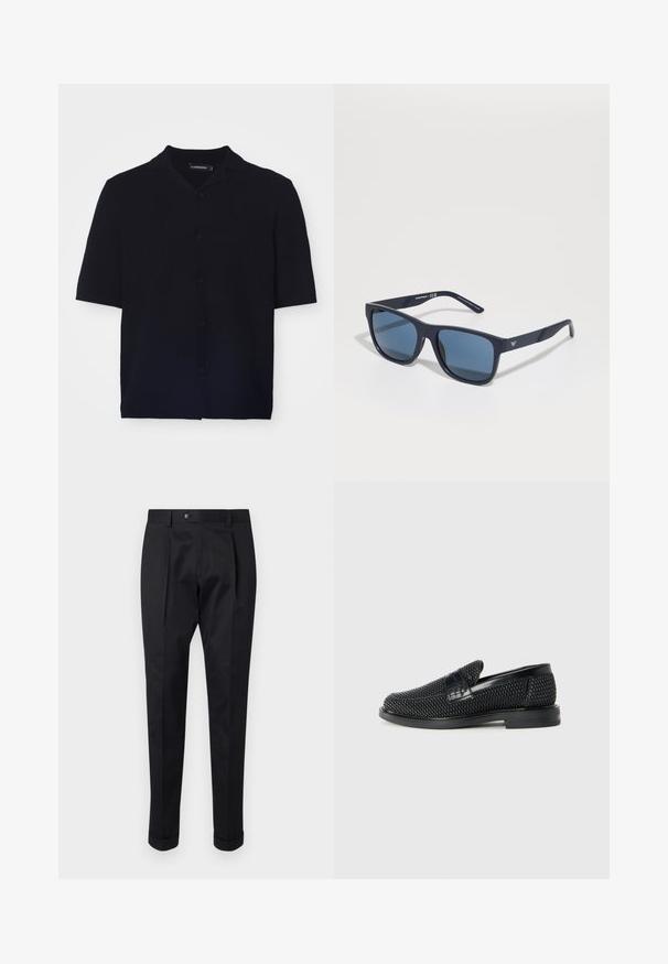 Kortslepet svart skjorte med knapper i teksturert stoff, med en camp-krage og seks matchende knapper foran.; Sorte bukser laget av et glatt stoff, med en fold foran, knappelukking, og oppbrettede mansjetter ved ankelen.; Sorte vevde slip-on sko med en glatt lærdetalj på overdelen, design med rund tå og en lavprofil gummisåle.; Blå rektangulære solbriller med mørke linser, matt marineblå ramme, logo-detajler på stengene, rette armer og en solid, glatt tekstur.