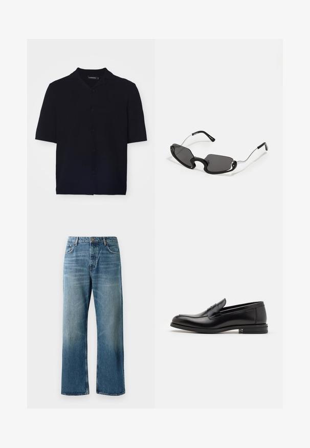 Černá košile s krátkým rukávem a knoflíky v texturované tkanině, se stojáčkovým límcem a šesti odpovídajícími knoflíky na přední straně.; Svetle modré kalhoty s širokými nohavicemi a vybledlým vzhledem, vybavené zapínáním na jeden knoflík, pěti kapsami a kontrastním prošíváním.; Černé kožené polobotky s hladkou texturou, zaoblenou špičkou a zdobným páskem přes nárt. Nízký stohovaný podpatek, minimalistický design.; Černé sluneční brýle s jedinečným tvarovaným štítem, vybavené tmavými skly a tenkými stříbrnými kovovými nohami. Rámečky mají zaoblené akcenty a výrazný design.
