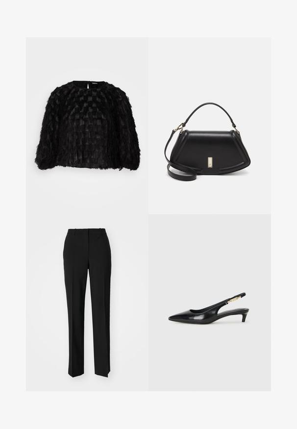 Schwarze, kurze Cape mit einer strukturierten Oberfläche, die gewebte und fransige Muster aufweist. Rundhalsausschnitt und Reißverschlussverschluss hinten.; Schwarze, taillierte Hose mit geradem Bein, aus einem glatten Stoff und mit klaren Falten an der Vorderseite. Keine sichtbare Hardware.; Schwarze Leder-Slingback-Pumps mit spitzem Schuhblatt, ausgestattet mit einem schlanken Absatz und einem goldfarbigen Akzent am verstellbaren Riemen. Glatte Textur.; Schwarze Lederhandtasche mit einem strukturierten Design, das eine verkürzte Form, einen oberen Griff und goldfarbene Hardware-Details aufweist. Verstellbarer Schulterriemen ist enthalten.