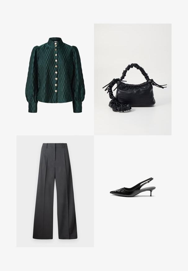 Dark green textured blouse with puffed long sleeves, high collar, and a front row of eight gold round buttons.; Wide-leg trousers in dark gray fabric, featuring a high waist, single pleats, and a smooth texture with a clean finish at the hems.; Black leather slingback heels with a pointed toe, small kitten heel, and a decorative knot detail on the front. Smooth texture throughout.; Black faux leather handbag with a crocodile texture, cinched top, and a scrunched strap. Appears soft and compact in design.