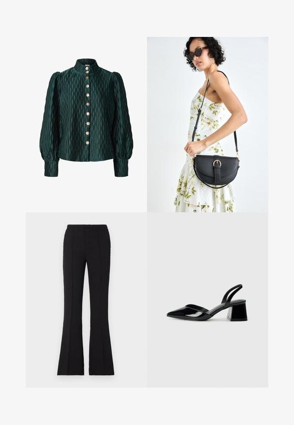 Dark green textured blouse with puffed long sleeves, high collar, and a front row of eight gold round buttons.; Black flared pants made of smooth fabric, featuring a fitted waist, front seam details, and a slight flare starting from the knee.; Black patent leather slingback heels with a pointed toe and a geometric block heel. Features a sleek, minimal design and smooth texture.; Black leather handbag with a curved shape, detachable strap, and gold hardware. The bag features a flap with a buckle detail.