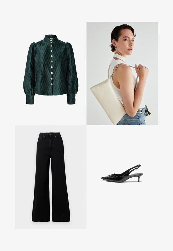 Tmavě zelená strukturovaná blůza s nafouklými dlouhými rukávy, vysokým límcem a předním pořadím osmi zlatých kulatých knoflíků.; Černé kalhoty s širokými nohavicemi z denimu, s vysokým pasem, pěti kapsami, zapínáním na přední knoflíky a minimálními šicimi detaily.; Černé kožené lodičky na slingback s špičatou špičkou, malým podpatkem typu kitten a ozdobným uzlem na přední straně. Hladký povrch po celém obvodu.; Bílá obdélníková psaníčko vyrobené z lesklého materiálu, se stříbrným řetízkovým popruhem. Modelka pózuje a předvádí tašku na jednobarevném pozadí.