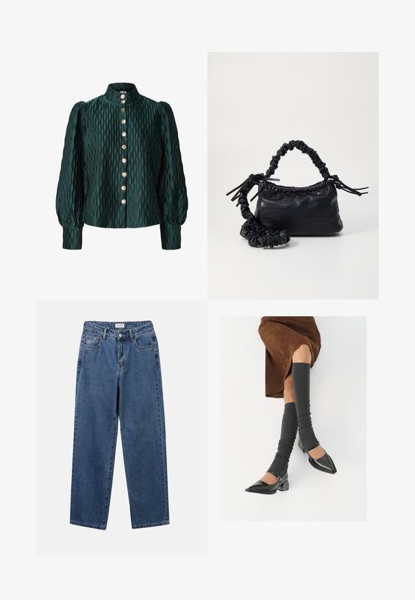 Σκούρο πράσινο υφασμάτινο μπλουζάκι με φουσκωτά μακριά μανίκια, ψηλό γιακά και μια μπροστινή σειρά από οκτώ χρυσά στρογγυλά κουμπιά.; Κλασικό μπλε τζιν παντελόνι με ίσια γραμμή, πέντε τσέπες και κλείσιμο με κουμπί. Διαθέτει μεσαία πλύση και ανθεκτική υφή.; Μαύρες πατεν leather γόβες με αιχμηρή μύτη, τετράγωνη φτέρνα και λουράκι αστραγάλου, συνδυασμένες με γκρι ριγέ ζεστά ποδιές και καφέ σουέντ φούστα.; Μαύρη τσάντα από faux δέρμα με υφή κροκοδείλου, κλειστή στο επάνω μέρος και με ρυτιδωμένο λουρί. Φαίνεται μαλακή και συμπαγής στο σχέδιο.