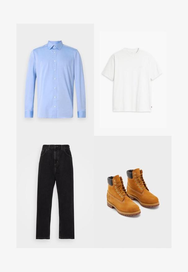 Lichtblauwe overhemd met lange mouwen, een klassieke kraag en witte knopen. De stof lijkt glad met een subtiele textuur.; Witte katoenen T-shirt met korte mouwen, ronde hals en subtiele Levi's logo gedrukt in het midden. Zachte textuur en standaard pasvorm.; Zwarte denim jeans met een recht model, voorzien van vijf zakken, een knoop-en-ritsluiting en contrasterende gele stiksels.; Leren werklaarzen in bruin met een zwarte gewatteerde kraag, gouden veterogen en bruine rubberen zolen. Voorzien van contrasterende stiksels en een logo op de zijkant.