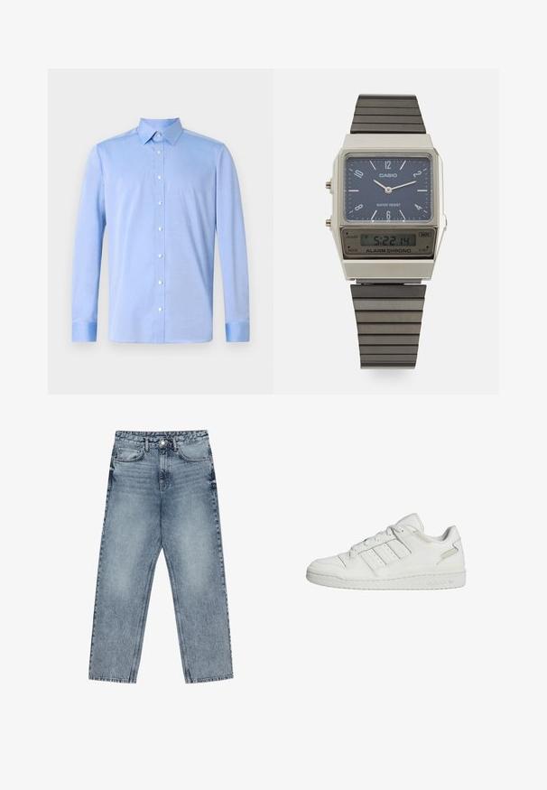Chemise bleu clair à manches longues, avec un col classique et des boutons blancs. Le tissu semble lisse avec une légère texture.; Jean en denim bleu clair avec une coupe droite, couture visible, design à cinq poches et fermeture à bouton à la taille.; Baskets Adidas blanches à semelle basse avec trois bandes sur le côté, fermeture à lacets et semelle rembourrée.; Montre numérique Casio avec un cadran bleu, un boîtier en acier inoxydable et un bracelet en caoutchouc noir à couches. Affiche l'heure et les réglages de l'alarme. Résistante à l'eau.