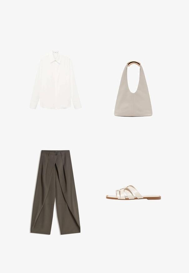 Bijela košulja dugih rukava s klasičnom kragnom, napravljena od lagane tkanine, s prednjim gumbima i lagano širokim krojem.; Hlače širokog kroja izrađene od teksturirane tamnosive tkanine. Imaju prednji plis, kopčanje na gumb i bočne džepove za praktičnost.; Ravne sandale s smeškom od gume, dizajnirane s tri preklapajuće bele kožne trake i malim detaljem mašne u sredini.; Svijetlosivi kožni torba s oblikom u slovo U i zakrivljenim metalnim drškom. Glatka tekstura s minimalnim šavovima i bez vidljivih uzoraka.