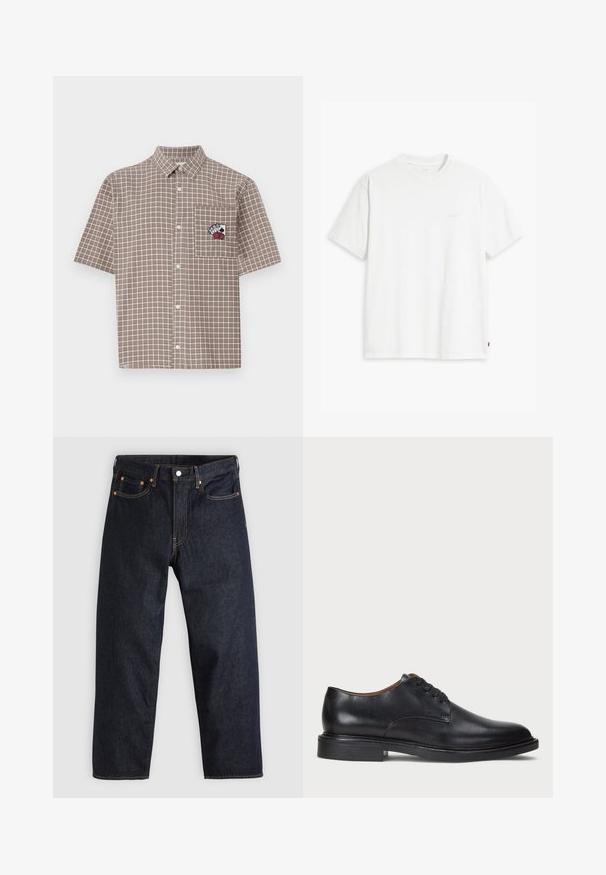 Kortärmad, brun randig skjorta med knäppning och en bröstficka med en broderad design i röd och svart.; Vit bomulls t-shirt med korta ärmar, rundad halsringning och subtil Levi's-logotyp tryckt i mitten. Mjuk textur och standard passform.; Mörkblå denimjeans med rak passform, fem fickor, kontrasterande orange sömmar och knappgylf. Inga synliga mönster eller dekorationer.; Svart läderklänningsko med rund tå, snörning och låg staplad klack. Slät yta med minimala sömdetaljer.