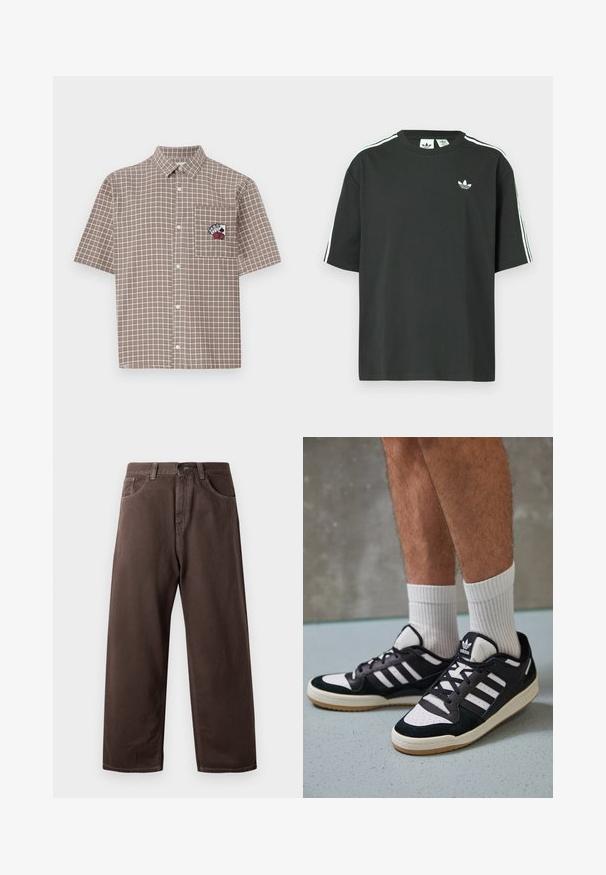 Camisa xadrez de manga curta, castanha, com colarinho abotoado e um bolso no peito apresentando um design bordado em vermelho e preto.; T-shirt preta de algodão com mangas curtas, gola redonda e detalhe branco de três riscas nos ombros. Apresenta um pequeno logotipo branco no peito.; Calças largas castanhas feitas de algodão, com um desenho clássico de cinco bolsos, fecho zip e detalhes de costura visíveis.; Ténis em preto e branco com upper em camurça e couro, apresentando três riscas brancas, um toe perfurado e uma sola em borracha de goma.