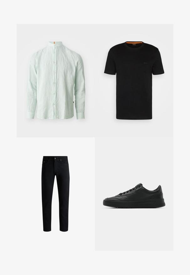 Vaaleanvihreä pellavapaita pitkällä hihalla, jossa on pystykaulus, etupainonappikiinnitys ja hillitty tekstuuri. Kauluksessa on oranssi korostus.; Mustat lyhyet hihaset t-paidat, jotka on valmistettu pehmeästä kankaasta. Paita on pyöreällä kaula-aukolla ja siinä on huomaamaton logo edessä. Kauluksen sisäpuolella on oranssi yksityiskohta.; Musta kapea slim-fit farkut viidellä taskulla, napitettava sulkeminen ja vyölenkit, esitelty valkoista taustaa vasten.; Mustat lenkkitossut, joissa on sileä nahkapäällinen, pyöreä kärki, tasaiset nauhat, pehmustettu nilkka ja minimalistinen muotoilu. Kumia pohja, jossa on hillitty urakuvio.