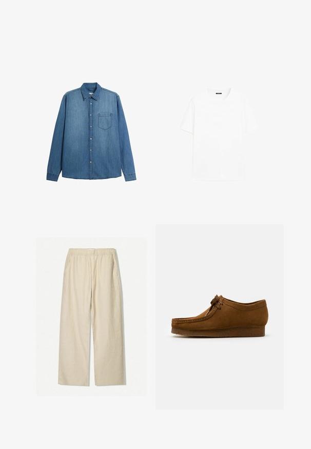 Hellesblaues Denim-Hemd mit langen Ärmeln, Knopfverschluss, Kragen und einer einzelnen Brusttasche. Es zeichnet sich durch eine glatte Textur und eine gerade Schnittform aus.; Weißes Baumwoll-T-Shirt mit kurzen Ärmeln, rundem Ausschnitt und geradem Schnitt. Glatte Textur ohne sichtbare Muster oder Akzente.; Beige Leinen-Hosen mit weitem Bein, elastischem Bund und Seitentaschen. Der Stoff hat eine strukturierte, natürliche Oberfläche.; Braune Wildlederschuhe mit runder Spitze und niedrigem Absatz, mit detaillierten Nähten entlang der Nähte und einer Schnürung auf der Vorderseite. Weiche Textur mit schlankem Design.