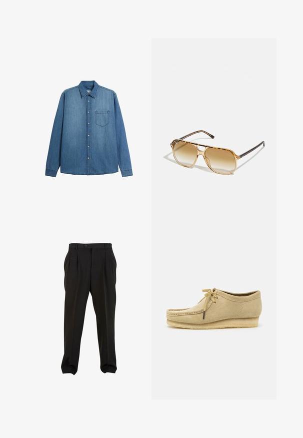 Denimowa koszula z długim rękawem w jasnoniebieskim kolorze, z zapięciem na guziki, kołnierzykiem oraz jedną kieszenią na piersi. Charakteryzuje się gładką fakturą i prostym krojem.; Czarne spodnie z gładkiego materiału, z kieszeniami z przodu, zapinane na guzik w pasie i zwężanymi mankietami przy kostkach. Klasyczny sylwetka w stylu szytym na miarę.; Beżowe zamszowe buty z sznurowaniem, przeszyciami i gumową podeszwą. Kształt jest casualowy z lekkim obcasem na poziomie.; Okulary przeciwsłoneczne w kolorze żółwia z prostokątną oprawką, brązowymi soczewkami w gradientzie i eleganckimi czarnymi zausznikami z subtelnymi akcentami logo.