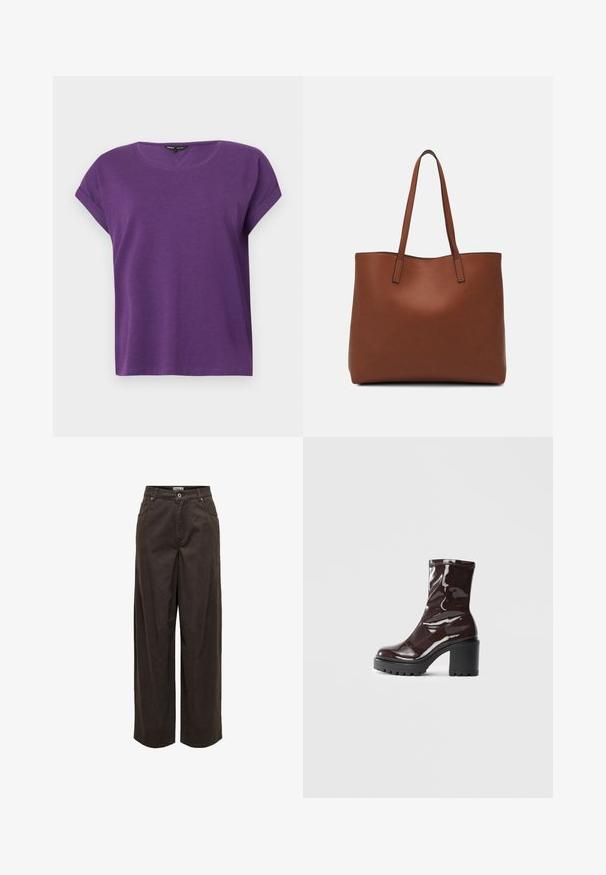 ONLY MOSTER O-NECK - Blusa - imperial purple; Pantalones de pierna ancha en marrón oscuro, hechos de algodón, con una cinturilla clásica, cremallera, cinco bolsillos y detalles de costura minimalistas.; Botín burdeos brillante hasta el tobillo con un tacón negro grueso, que presenta una textura suave y un diseño sencillo. Sin cierres ni patrones visibles.; Bolso tote de cuero marrón con una textura suave, diseño de apertura superior y dos correas para el hombro. Presenta una costura mínima y sin herrajes visibles.