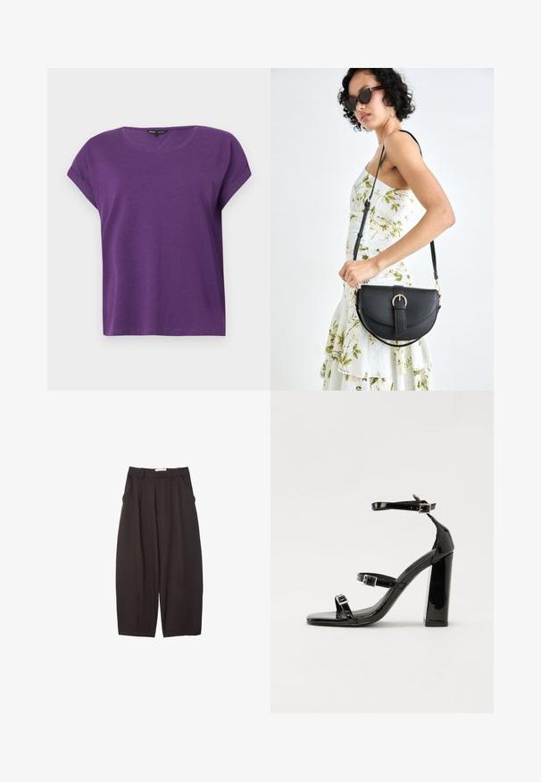 ONLY MOSTER O-NECK - Blouse - imperial purple; Black wide-leg trousers made from a smooth fabric, featuring a high waist, front pleats, and side pockets. Simple design without embellishments.; Black patent heeled sandals with a square toe, ankle straps, and silver buckles. Features a chunky block heel for stability.; Black leather handbag with a curved shape, detachable strap, and gold hardware. The bag features a flap with a buckle detail.