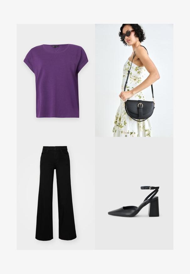 ONLY MOSTER O-NECK - Bluse - imperial purple; Schwarze weit geschnittene Hose aus Denim, mit einem strukturierten Bund, Gürtelschlaufen und Fronttaschen. Glatte Textur mit klassischem Design.; Schwarze Leder-Pumps mit spitzer Zehe, einem Knöchelriemen und einem blockigen Absatz. Flache Textur, elegantes Design und minimalistische Ästhetik.; Schwarze Lederhandtasche mit geschwungener Form, abnehmbarem Tragegurt und goldenen Beschlägen. Die Tasche verfügt über einen Deckel mit einer Schnallen-Details.