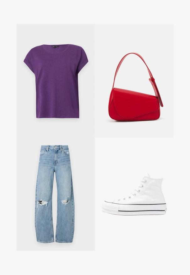 ONLY MOSTER O-NECK - Blouse - imperial purple; Lichtblauwe, hooggeritste jeans van denim. Beschikken over wijde pijpen, twee gescheurde knievalken en klassieke vijfzakken styling.; Witte high-top canvas sneakers met een zwarte rubberen zool, een rubberen neuskap aan de voorkant en zes gaatjes voor veters, met een schone, minimalistische uitstraling.; Rode leren handtas met een hoekig, geometrisch ontwerp. Beschikt over een enkele verstelbare schouderriem en een klepclosure met gestikte details.
