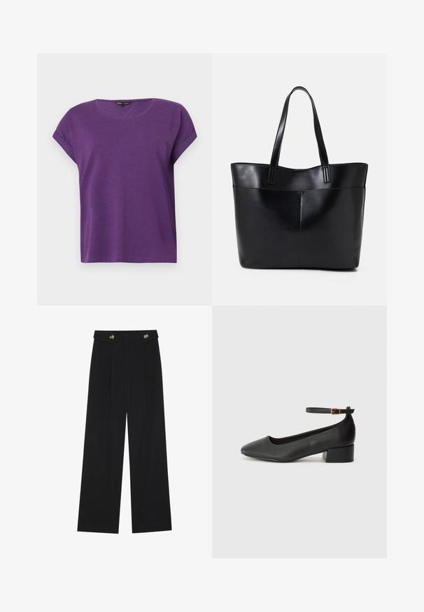 ONLY MOSTER O-NECK - Camicetta - imperial purple; Pantaloni neri a gamba larga con vita alta, dettagli con bottoni in vita e pieghe frontali.; Pump in pelle nera con punta affusolata e tacco basso a blocco. Presenta una cinghia alla caviglia con una fibbia in tonalità oro. Texture liscia.; Borsa a tracolla in pelle nera con due manici lunghi, una texture liscia e una forma strutturata. Presenta una tasca frontale per ulteriore spazio di archiviazione.