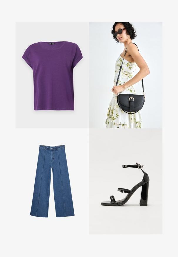 ONLY MOSTER O-NECK - Bluse - imperial purple; Bredde ben denim jeans i mellemblå, med høj talje, knaplukning og kontrasterende lodrette sømdetaljer foran.; Sorte patenterede hælsandaler med firkantet tå, ankelremme og sølvspænder. Har en chunky blokHæl for stabilitet.; Sort læderhåndtaske med en buet form, aftagelig rem og guldfinish. Tasken har en klap med en spænde detalje.